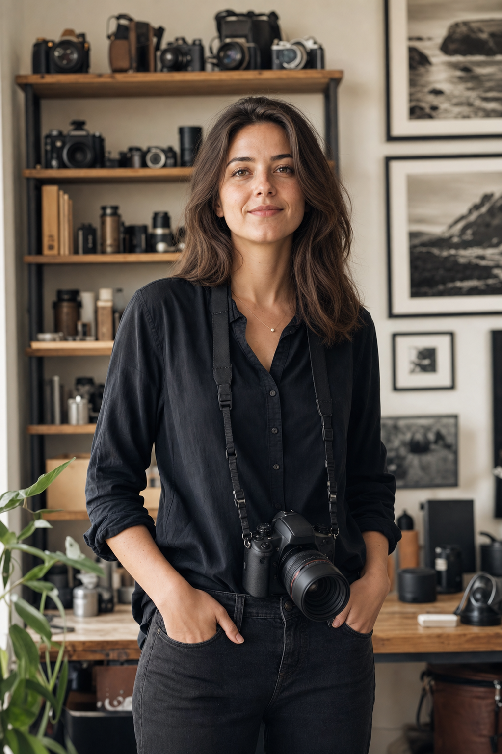 Portrait de Céline Faure dans son atelier, entourée d'appareils photo et de tirages